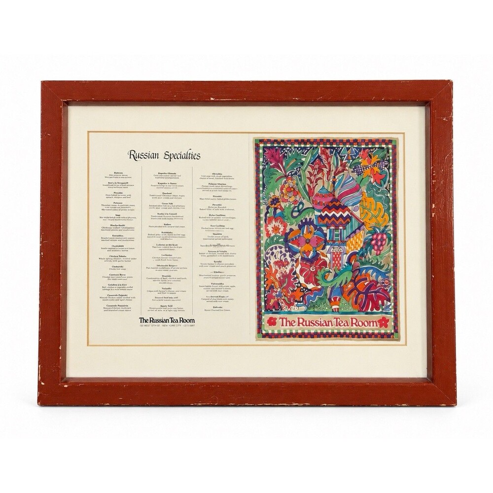 Vintage Russian Tea Room NYC Framed Menu Art Floral Onion Domes 13 x 11